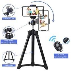 Cell Phone Tripod for Desk, Adjustable Phone Stand with Wireless Bluetooth Remote, Phone Tripod Stand 360°Rotation for All Types of Smartphones
