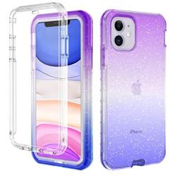 LONTECT for iPhone 11 Case Built-in Screen Protector Glitter Gradient Clear Sparkly Bling Rugged Shockproof Hybrid Full Body Protective Case Cover for Apple iPhone 11 6.1 2019, Purple Blue