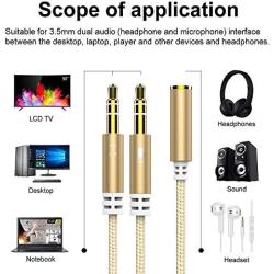 Headphone 3.5mm Splitter Mic Cable for Computer, KOOPAO Headset 3.5mm Female to 2 Dual Male Microphone Audio Stereo Jack Earphones Port to Gaming Speaker PC Adapter(Gold)