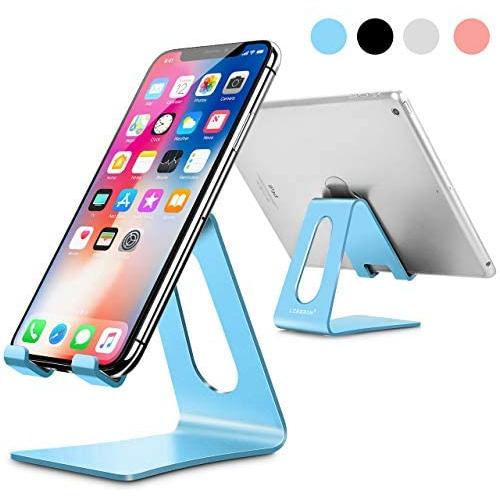 LORERAN Cell Phone Stand, Phone Dock, Phone Holder, Cradle for Smartphone and Tablet, Aluminum Stand Compatible with Samsung iPhone 11 Pro Xs Xs Max Xr X 8 7 6 6s Plus 5 5s 5c - Black (Water-Blue)