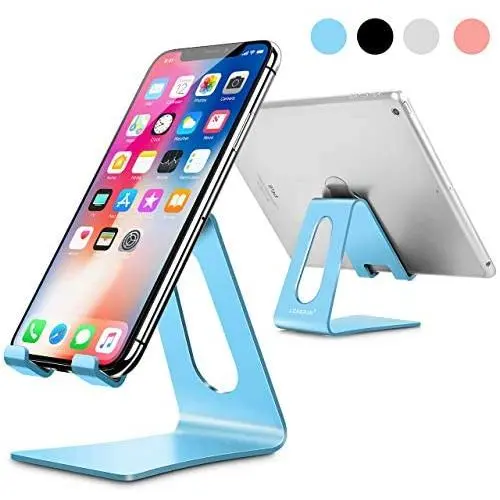 LORERAN Cell Phone Stand, Phone Dock, Phone Holder, Cradle for Smartphone and Tablet, Aluminum Stand Compatible with Samsung iPhone 11 Pro Xs Xs Max Xr X 8 7 6 6s Plus 5 5s 5c - Black (Water-Blue)