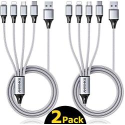 Multi Charging Cable, Multi USB Cable 3A 4FT USB Charging Cable Nylon Braided Universal 4in1 Multi Charger Cable Adapter Type-C/Micro USB Port,Compatible with Cell Phones and More(Silver,2Pack)