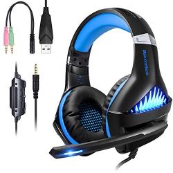 TURN RAISE Upgraded 3.5mm Stereo Gaming Headset for PS4, PC, Xbox One Controller, LED Light, Noise Cancelling Over Ear Headphones with Mic, PS4 Headset for Laptop, PC, Tablet, Smartphones (Blue)