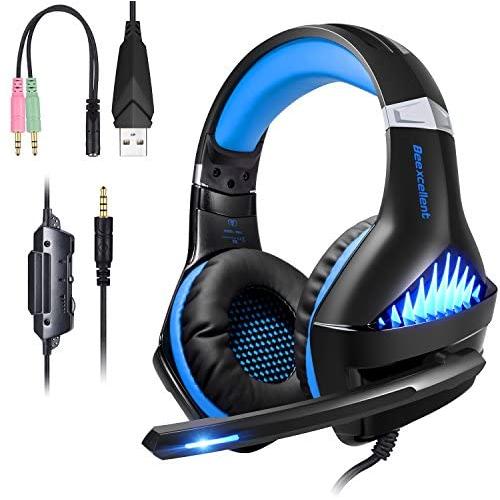 TURN RAISE Upgraded 3.5mm Stereo Gaming Headset for PS4, PC, Xbox One Controller, LED Light, Noise Cancelling Over Ear Headphones with Mic, PS4 Headset for Laptop, PC, Tablet, Smartphones (Blue)