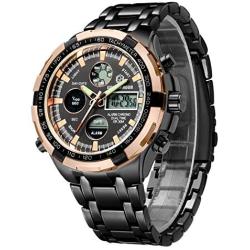 GOLDEN HOUR Luxury Stainless Steel Analog Digital Watches for Men Male Outdoor Sport Waterproof Big Heavy Wristwatch