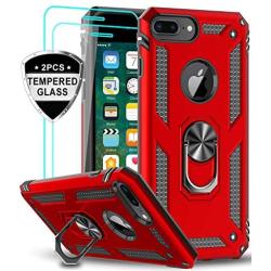 iPhone 8 Plus Case, iPhone 7 Plus Case, iPhone 6 Plus Case with Tempered Glass Screen Protector [2Pack], LeYi Military Grade Phone Case with Rotating Holder Kickstand for Apple iPhone 6s Plus, Red