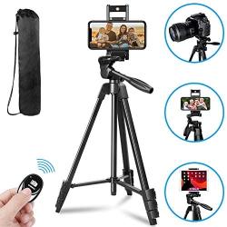 Phone Tripod,Tripod for Camera,55-inch Extendable Lightweight Aluminum Tripod Stand with Universal 2 in 1 Phone/Tablet Holder,Remote Shutter,Compatible with Smartphone&Tablet&Camera,Carry Bag Inclued.