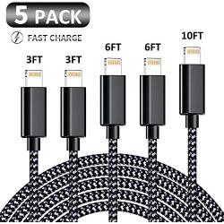 iPhone Charger, KRISLOG MFi Certified Lightning Cable 5 Pack High Speed Transfer Cords USB Fast Charging&Syncing Cable Compatible iPhone 11 Pro Xs MAX XR 8 8 Plus 7 7 Plus 6s 6s Plus(3ft×2 6ft×2 10ft)