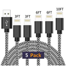 iPhone Charger, Xilsn MFi Certified Lightning Cable [5Pack-3/3/6/6/10FT] Nylon Braided Charging Cord Syncing Data USB Cable Compatible with iPhone 11 Pro Max XS XR X 8 7 6S 6 Plus SE 5S 5C 5 iPad