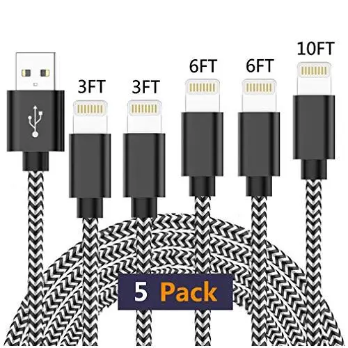 iPhone Charger, Xilsn MFi Certified Lightning Cable [5Pack-3/3/6/6/10FT] Nylon Braided Charging Cord Syncing Data USB Cable Compatible with iPhone 11 Pro Max XS XR X 8 7 6S 6 Plus SE 5S 5C 5 iPad