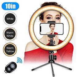 Ring Light with Tripod Stand,10" Desk LED Makeup Ring Light with Phone Holder&Remote for YouTube Video, Photography, Shooting with 3 Light Modes and 10 Brightness Level Compatible