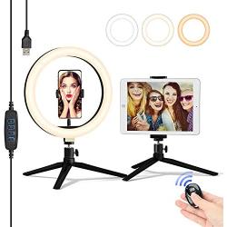 JACKYLED 10" Selfie Ring Light with 2 Tripod Stand & 2 Phone Holder for Makeup Live Stream Dimmable Ring Light Kit Remote Shutter for Photography Compatible for iPad/iPhone/Android