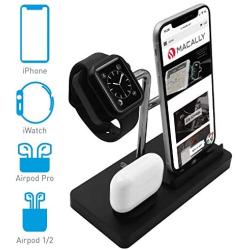 Macally Airpod iPhone and Watch Charging Station - Cable Management for Your Nightstand or Desk - Compatible with All iPhone iWatch & Airpod Series Using OEM Cables - 3 in 1 iPhone Charging Station