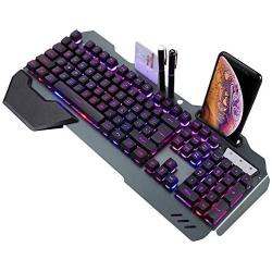 3-color optional keyboard, RGB LED backlight mechanical gaming keyboard, with mobile phone holder, suitable for industrial, office, (Black)