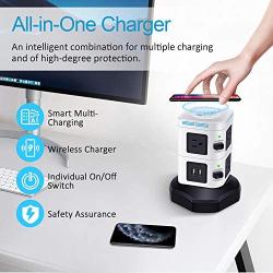 Surge Protector Tower GLCON Power Strip Tower Fast Wireless Charger + 4 USB 5V/5A Ports + 3000W 13A 6 Outlet Plugs + Charging Tower with 6ft Long Extension Cord for Home Office