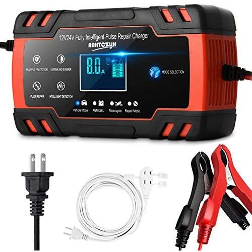 Enhanced Edition Car Battery Charger 12V/8A 24V/4A Compatible Automotive Smart Portable Battery Charger Maintainer/Pulse Repair Charger Pack for Car, Motorcycle, Lawn Mower and More