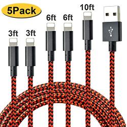 CUGUNU Nylon Braided Cable Compatible with iPhone Charger, 5 Pack[3/3/6/6/10FT] MFi Certified USB Lightning Cable Charging Cord for iPhone X/Max/11/8/7/6/6S/5/5S/SE/Plus/iPad - Black Red