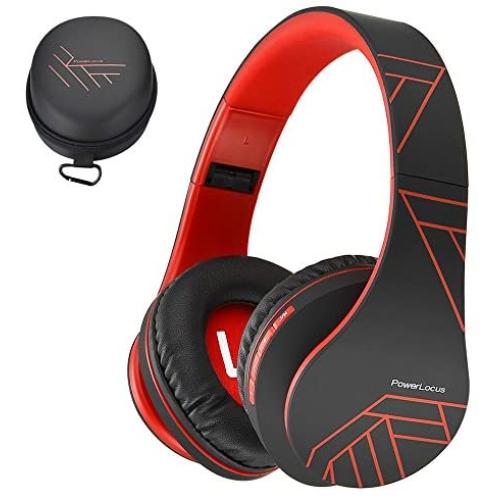 PowerLocus Bluetooth Over-Ear Headphones, Wireless Stereo Foldable Headphones Wireless and Wired Headsets with Built-in Mic, Micro SD/TF, FM for iPhone/Samsung/iPad/PC (Black/Red)