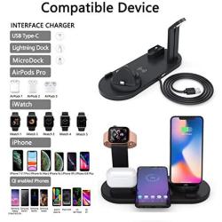 Wireless Charger Stand, 4 in 1 Multi-Function Wireless Charging Station Dock for Apple Watch Airpods, Qi Fast Wireless Charger Holder Pad for iPhone 11 Pro Max XS XR and Smartphone (Black)