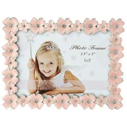 L&T Pink Enamel Picture/Photo Frame Metal with Silver Plated and Crystals, Floral Style 3.5 x 5 Inch