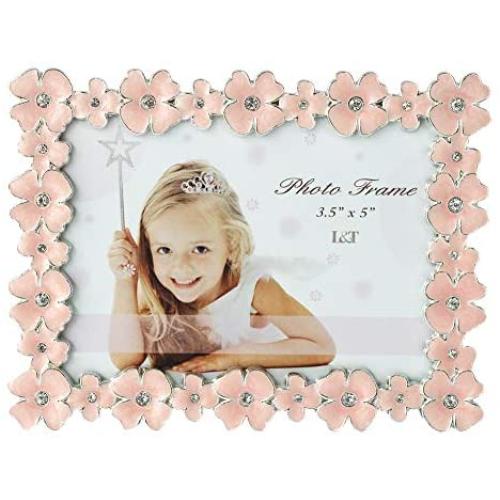 L&T Pink Enamel Picture/Photo Frame Metal with Silver Plated and Crystals, Floral Style 3.5 x 5 Inch