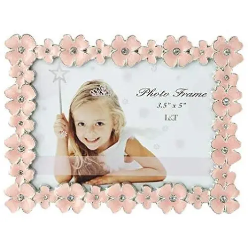 L&T Pink Enamel Picture/Photo Frame Metal with Silver Plated and Crystals, Floral Style 3.5 x 5 Inch