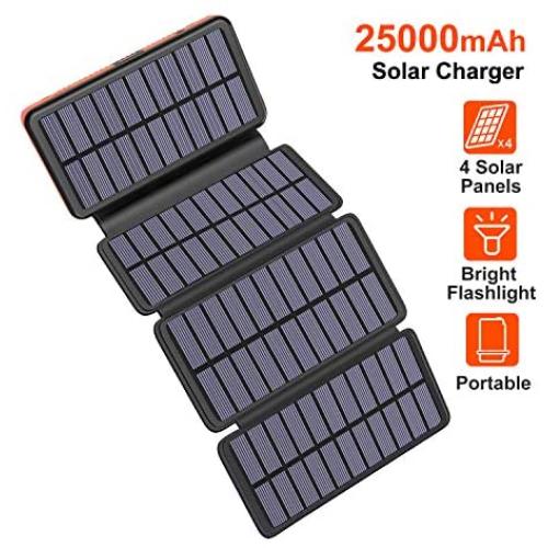 Solar Charger 25000mAh, Riapow Solar Power Bank with 4 Solar Panels and Dual USB & Type-C Input for Smart Phones, ipad and Laptop, Outdoor Waterproof