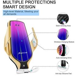 Wireless Charger Car Qi Touch Sensing Mount Kit Phone Stand Automatic Retractable Clip Fast Charging Holder Compatible with iPhone Xs Max/XR/X/11/11 Pro/8/8Plus Samsung S10/S10+/S9/S9+/S8/S8+（Gold