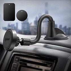 IPOW Long Arm Universal Magnetic Cradle Windshield Dashboard Cell Phone Mount Holder with 4 Metal Plates, Soft Firm Goose Arm and Enhanced Suction Cup