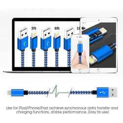 5Pack(3ft 3ft 6ft 6ft 10ft) iPhone Lightning Cable Apple MFi Certified Braided Nylon Fast Charger Cable Compatible iPhone Max XS XR 8 Plus 7 Plus 6s 5s 5c Air iPad Mini iPod (Blue White)