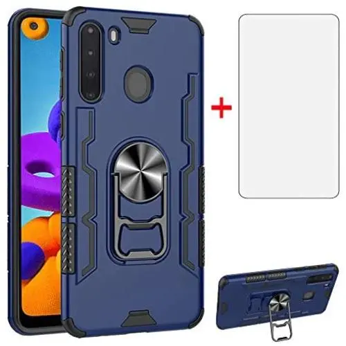 Phone Case for Samsung Galaxy A21 with Tempered Glass Screen Protector Cover and Magnetic Stand Ring Holder Slim Hybrid Hard Cell Accessories Glaxay A 21 21A A21Case GalaxyA21 A215 2020 Cases Blue Phone Case for Samsung Galaxy A21 with Tempered Glass Screen Protector Cover and Magnetic Stand Ring Holder Slim Hybrid Hard Cell Accessories Glaxay A 21 21A A21Case GalaxyA21 A215 2020 Cases Blue