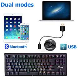 RGB Mechanical Keyboard 87-Key RGB LED Backlit Wireless Bluetooth 3.0 /USB Wired Multi-Media Mechanical Gaming Keyboard for PC/Smartphone/Laptop （Rechargeable Battery） Black Blue Switch