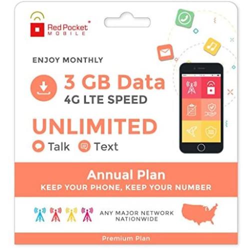 21.25/Mo Red Pocket Prepaid Wireless Phone Plan+SIM; Unlmtd Talk & Text 3GB