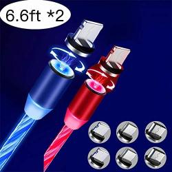 Streamer Magnetic Absorption Cable, (2 Packs, 6.6ft) Blue and Red LED Magnetic Charging Cable Flowing 3 in 1 Cable