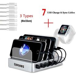USB Charging Station for iPhone,COSOOS Charger Station with 5 lPhone Charger,1 Type-C,1 Micro Cable,iWatch Stand,6-Port Charging Station for Multiple Devices,iPad,Kindle(Silver White,UL Certified)