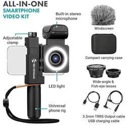 Movo SmartCine Complete Smartphone Video Rig with Built-in Stereo Microphone, LED Light, Wide-Angle and Fisheye Lenses - Youtuber Kit Compatible with iPhone/Android Phones - YouTube, Tik Tok Equipment