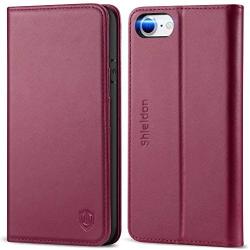 SHIELDON iPhone SE 2020 Case, iPhone 8 Wallet Case Genuine Leather Card Holder Magnetic Closure Stand Book Flip Cover Shockproof Protection Case Compatible with iPhone SE2/8/7 (4.7") - Red Violet