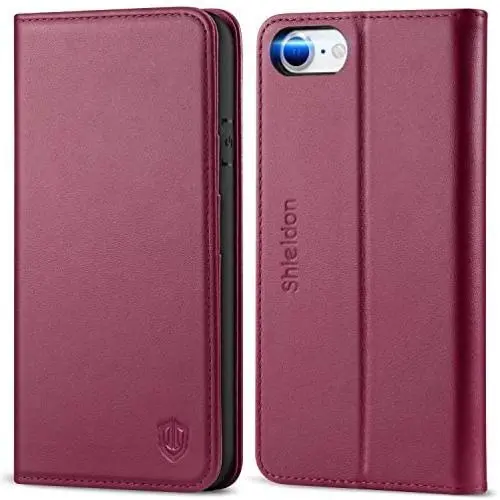 SHIELDON iPhone SE 2020 Case, iPhone 8 Wallet Case Genuine Leather Card Holder Magnetic Closure Stand Book Flip Cover Shockproof Protection Case Compatible with iPhone SE2/8/7 (4.7") - Red Violet SHIELDON iPhone SE 2020 Case, iPhone 8 Wallet Case Genuine Leather Card Holder Magnetic Closure Stand Book Flip Cover Shockproof Protection Case Compatible with iPhone SE2/8/7 (4.7") - Red Violet