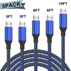 PLmuzsz Micro USB Cable,5Pack (3/3/6/6/10FT) Nylon Braided Fast Charging Cable Aluminum Housing USB Charger Android Cable for Samsung Galaxy S7 Edge S6 S5,Android Phone,LG G4,HTC and More-Black&Blue