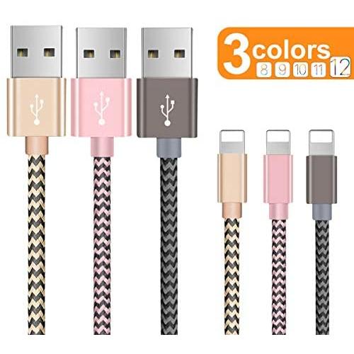 OTISA Charger Cable for Phone, Charger Cord 3 Pack Nylon Braided Charging Cord Compatible Phone xs/xsmax/xr/8/8plus/7/7plus/6/6plus pad pod & More(Gold/Pink/Grey)