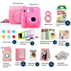 Fujifilm Instax Mini 9 Bundle (Flamingo Pink) - Fuji Camera Instant Film (20 Sheets) + 11-in-1 Accessory Bundle – Carry Case, 6 Color Filters, 2 Photo Albums, Assorted Frames, Selfie Lens & Much More