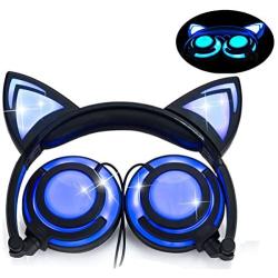 Headphone Cat Ear Headset,LED Light with USB Chargeable Foldable Earphones for Kids Teens Adults, Compatible for Ipad,Tablet,Computer,Mobile Phone LX-R107 (Black&Blue)