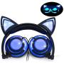 Headphone Cat Ear Headset,LED Light with USB Chargeable Foldable Earphones for Kids Teens Adults, Compatible for Ipad,Tablet,Computer,Mobile Phone LX-R107 (Black&Blue)