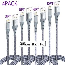 iPhone Charger Lightning Cable XnewCable 4Pack(10ft 6ft 6ft 3ft) Apple MFi Certified Nylon Braided Long Fast USB Cord Compatible for iPhone 11Pro MAX Xs XR X 8 7 6S 6 Plus SE 5S 5C (Silver)