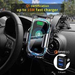 KLT Wireless Car Charger Mount 15W Qi Fast Charging Auto-Clamping Windshield Dash Air Vent Car Phone Holder Compatible with iPhone 11/11 Pro/11 Pro Max/XS/X/XR, Samsung S10/S10+/S9/S9+/S8/S8+, etc