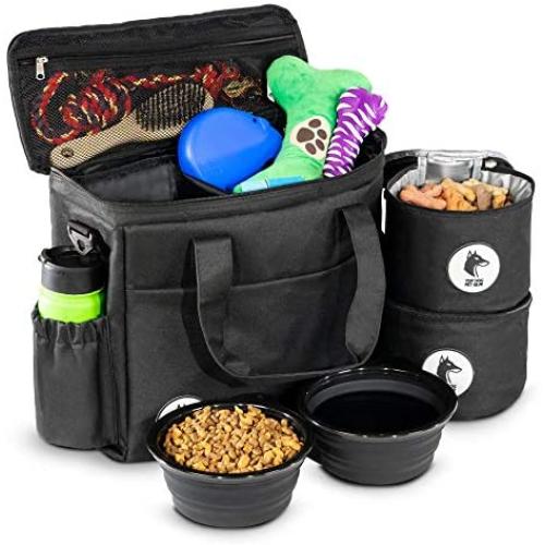 Top Dog Travel Bag - Airline Approved Travel Set for Dogs Stores All Your Dog Accessories - Includes Travel Bag, 2X Food Storage Containers and 2X Collapsible Dog Bowls - Black