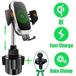 Cup Holder Phone Mount Wireless Car Charger, Auto Clamping QI Fast Wireless Charging Truck Bus Cell Phone Holder Compatible with iPhone 11 Pro Xs Xr X 8 Plus Samsung Galaxy S10 S9 S8 S7 Note 9 8