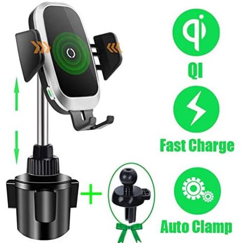 Cup Holder Phone Mount Wireless Car Charger, Auto Clamping QI Fast Wireless Charging Truck Bus Cell Phone Holder Compatible with iPhone 11 Pro Xs Xr X 8 Plus Samsung Galaxy S10 S9 S8 S7 Note 9 8