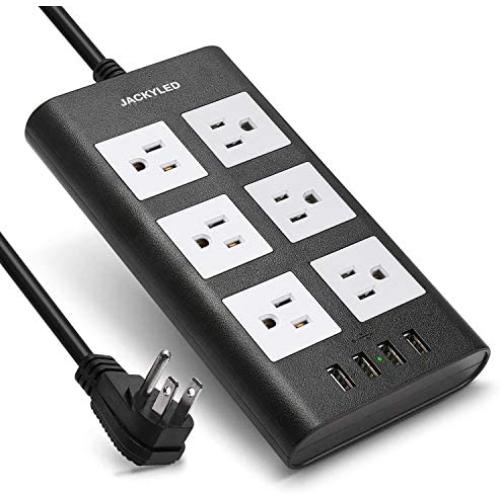 10ft Surge Protector Power Strip JACKYLED 15A 6 AC Wide Spaced Outlets 3.1A 4 USB Smart Ports Flat Plug 14AWG Heavy Duty Extension Cord for Home, Office, Dorm Room, Black White