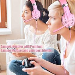 BENGOO Stereo Gaming Headset for PS4, PC, Xbox One Controller, Noise Cancelling Over Ear Headphones Mic, LED Light, Bass Surround, Soft Memory Earmuffs for Laptop Mac Nintendo Switch Games - Pink